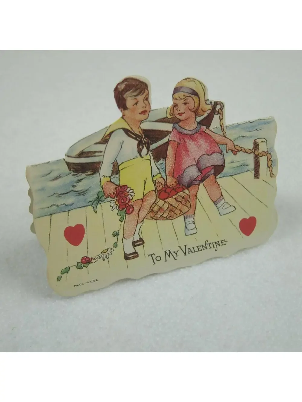 Vintage Valentine Card Cutout Stand Up Boy Sailor Suit Girl at Boat with Basket